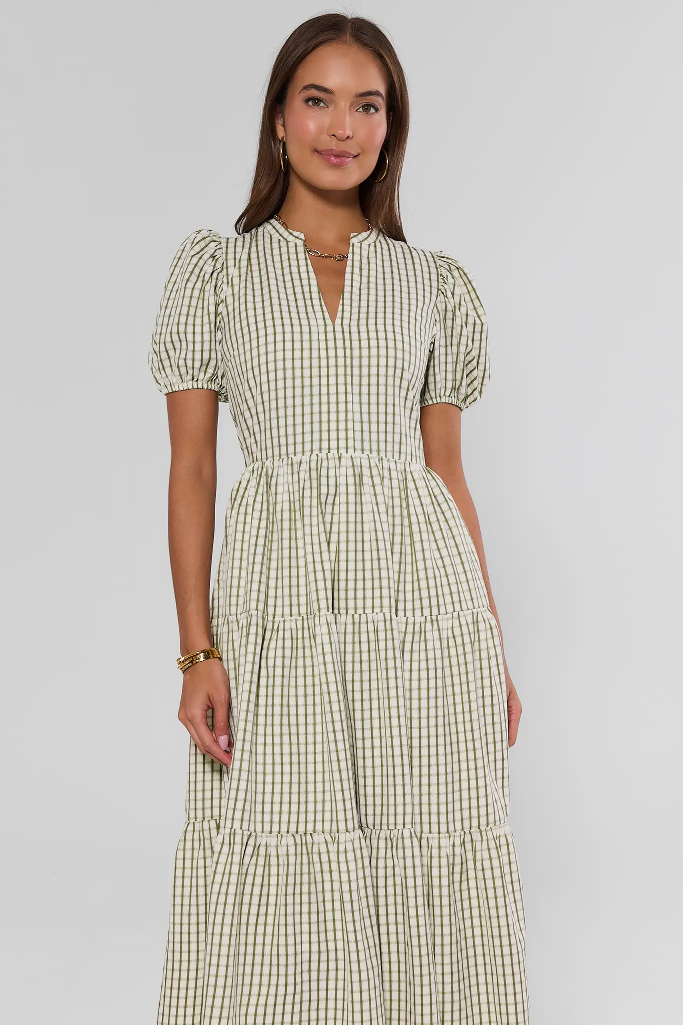 Green Plaid Split Neck Midi Dress | Avara