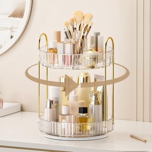 360° Rotating Makeup Organizer, Upgraded 2 Tier Skincare Perfume Organizers for Women, Bathroom Organizer Countertop, Clear Cosmetic Dresser Organizer with Makeup Brush Holder, Sink&Counte (Clear) | Amazon (US)