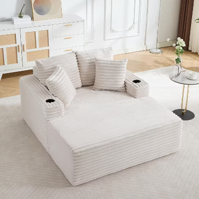 64" Oversized Chaise Lounge Chair, Corduroy Boneless Sofa Bed with 2 Pillows & 2 Cup Holders, No Assembly, Beige | Target