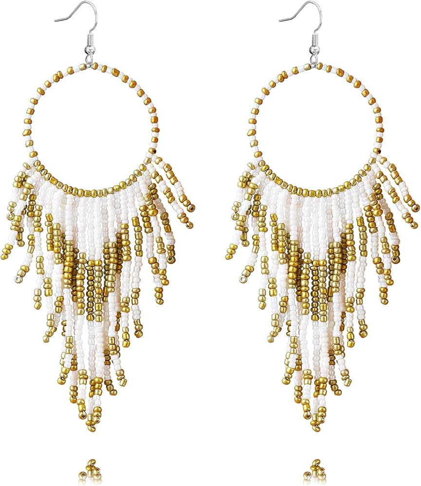 DoreenBow Long Beaded Tassel Black Earrings Boho Hoop Beaded Dangle Earrings Handmade Seed Bead E... | Amazon (US)