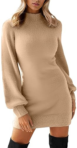 GRECERELLE Women's Mock Neck Ribbed Long Sleeve Bodycon Pullover Cute Mini Sweater Dress(Small, Apricot) | Amazon (US)
