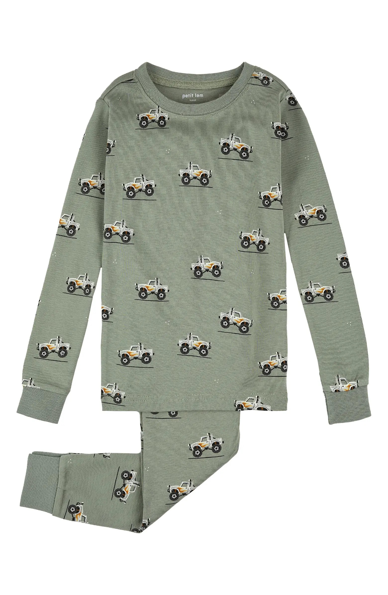 Petit Lem Kids' Monster Truck Print Fitted Two-Piece Organic Cotton Rib Pajamas | Nordstrom | Nordstrom