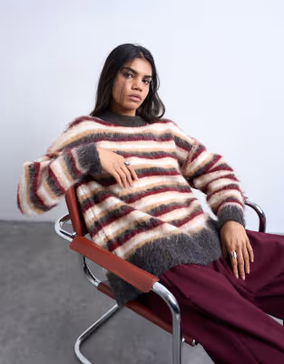 Topshop knitted fluffy stripe jumper in neutral and burgundy | ASOS | ASOS (Global)