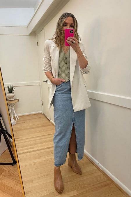 Denim midi skirt with waistcoat vest and cream blazer. Workwear, spring ootd, mirror selfie, business casual 

#LTKFind #LTKunder100 #LTKworkwear