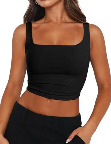 Zeagoo Women Sleeveless Square Neck Tops Casual Slim Tank Tops Double Layer Sexy Crop Tank Black | Amazon (US)