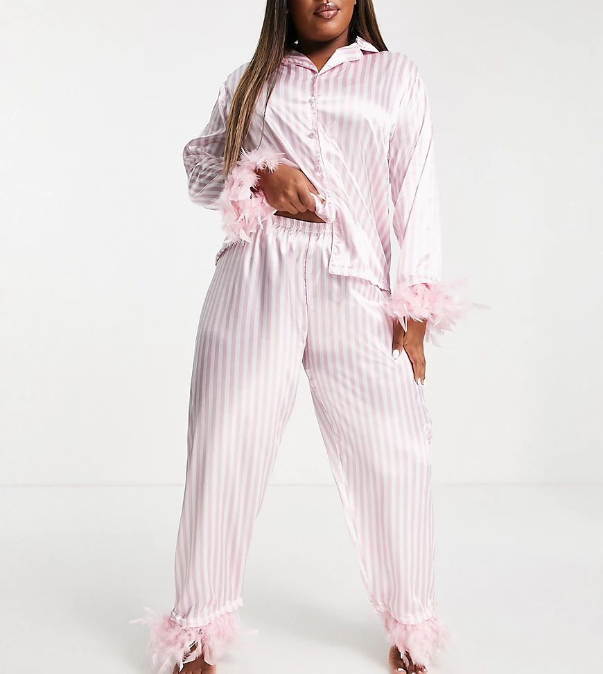 Night Plus satin pajamas with detachable faux feather trim in pink stripe | ASOS (Global)