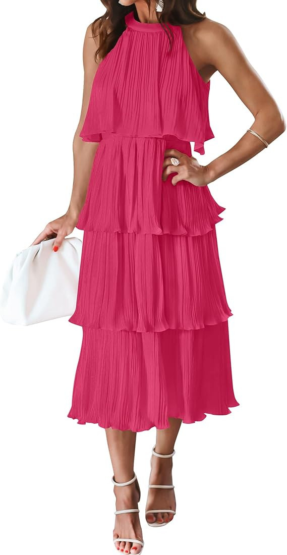 ZESICA Women's 2023 Summer Sleeveless Halter Neck Ruffle Tiered Layed Chiffon Flowy Swing Long Midi  | Amazon (US)