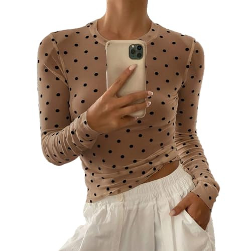 GCZREN Women Trendy Crew Neck Polka Dot Sheer Mesh Blouse Sexy Slim Fit Long Sleeve See Through C... | Amazon (US)