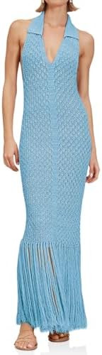 Saodimallsu Womens Halter Crochet Cover Up Fringe Sexy Backless Sleeveless V Neck Collared Vacati... | Amazon (US)