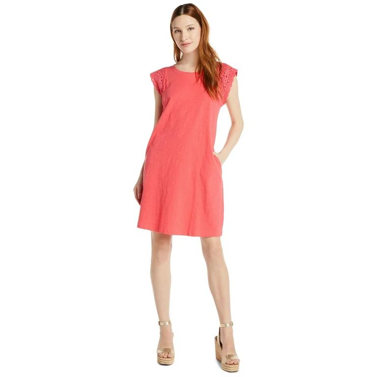 Time and Tru Women's Cotton Knit Dress with Crochet Sleeves | Walmart (US)