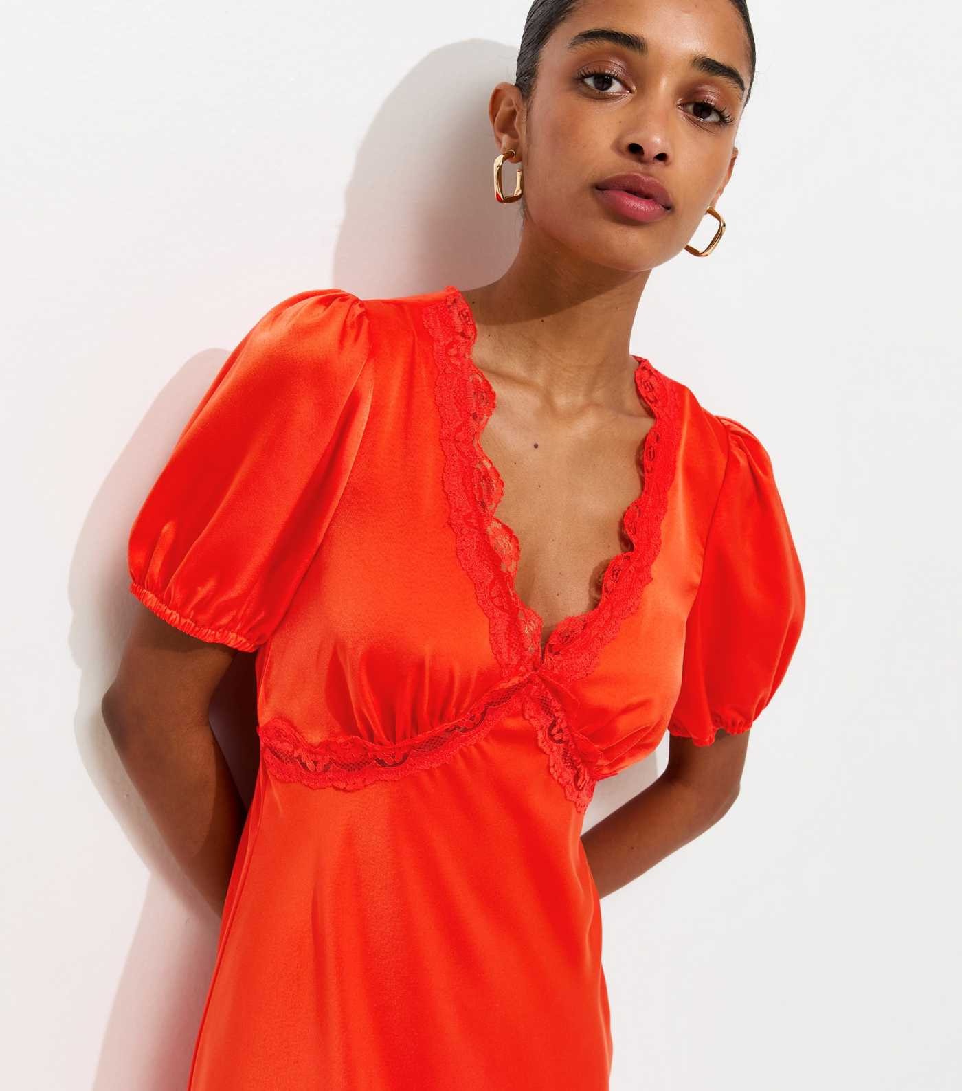 Red Satin Lace Trim Tea Midi Dress | New Look | New Look (UK)