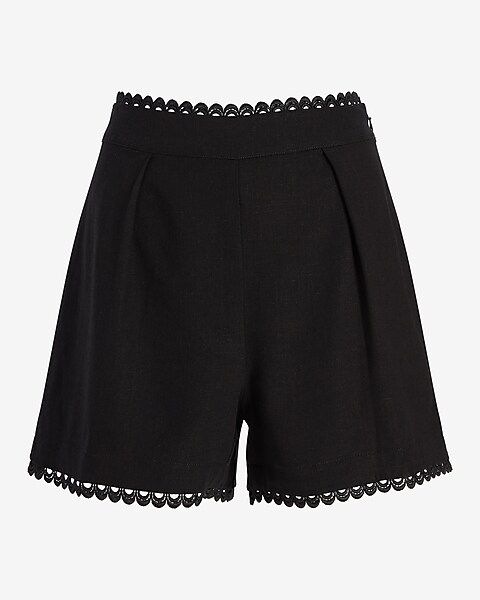 High Waisted Linen-Blend Eyelet Lace Trim Shorts | Express