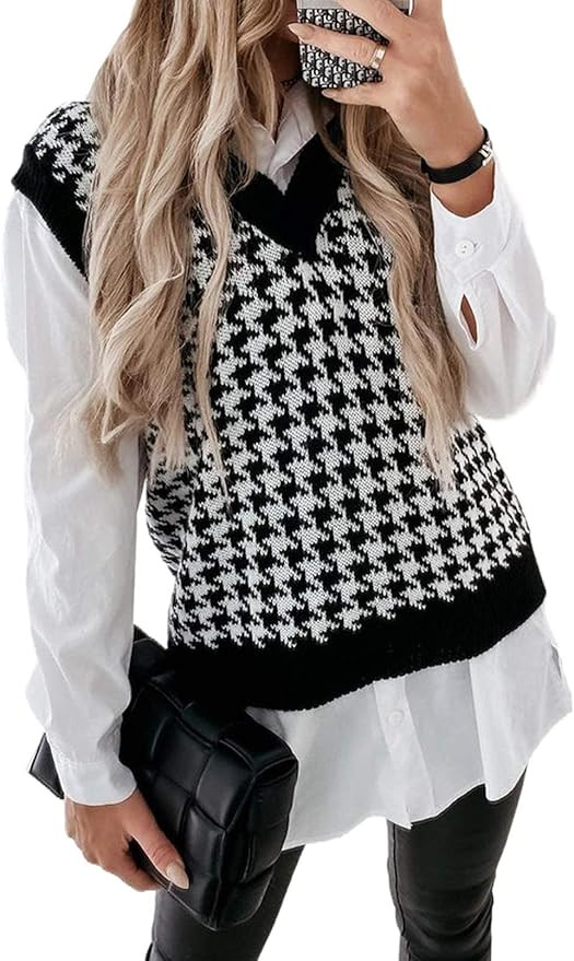 Sweezarmo Womens V Neck Cable Knit Sweater Vest Solid Color Oversized Sweater Casual Sleeveless P... | Amazon (US)