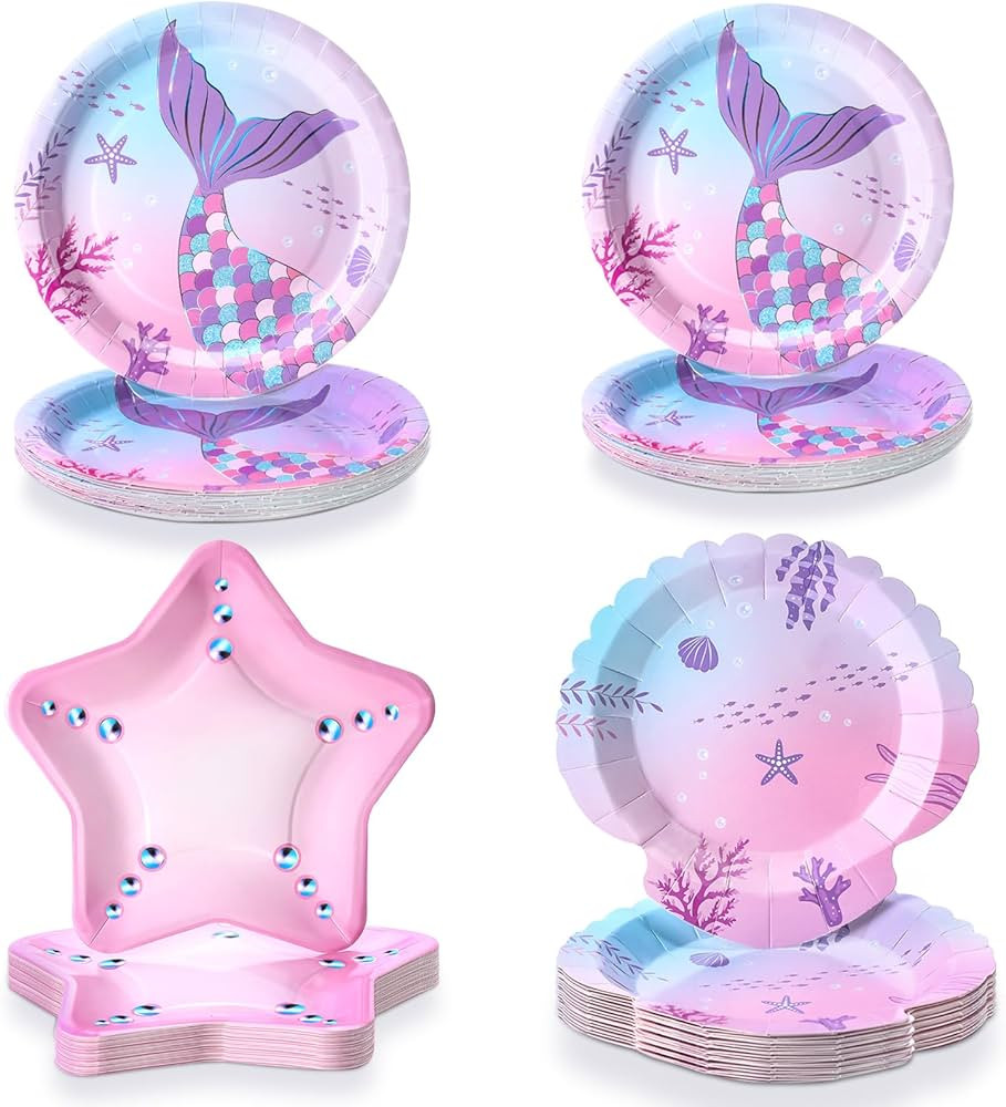 64 Pcs Mermaid Party Plates 9 Inch Mermaid Birthday Plates 7 Inch Under the Sea Paper Plates Foil... | Amazon (US)