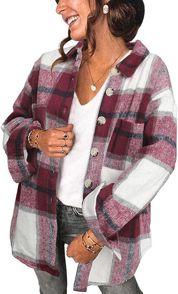 MINGALONDON Women's Brushed Plaid Shirts Long Sleeve Flannel Lapel Button Down Cardigan Boyfriend... | Amazon (US)