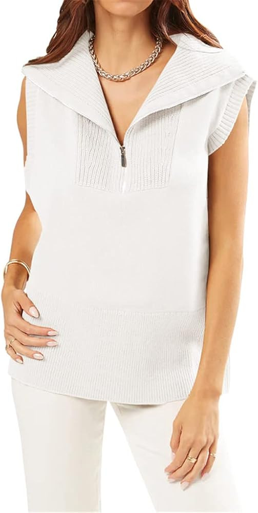 Womens Zipper Lapel Sweater Vest Tank Tops Summer Sleeveless Pullover Casual Lightweight Knit Top | Amazon (US)