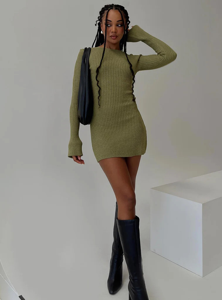 Osment Long Sleeve Knit Mini Dress Olive | Princess Polly US