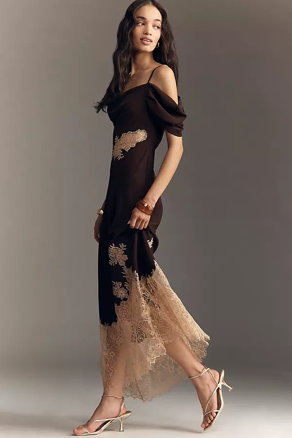 Satin Off-Shoulder Lace Midi Dress | Anthropologie (US)