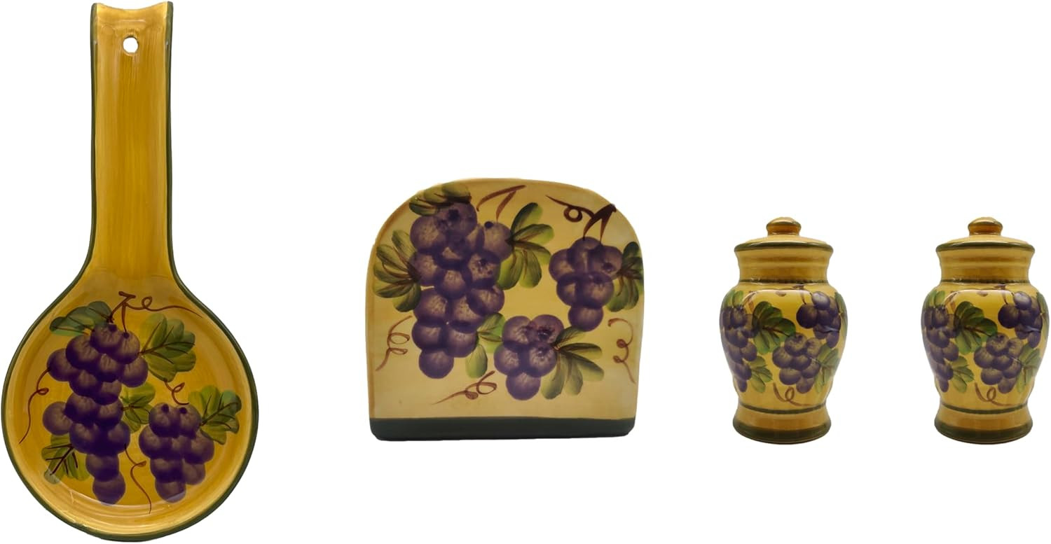 Hand Painted Ceramic Tuscany Sonoma Grape Table Top Set, Pepper and Salt Shakers,Napkin Holder an... | Amazon (US)