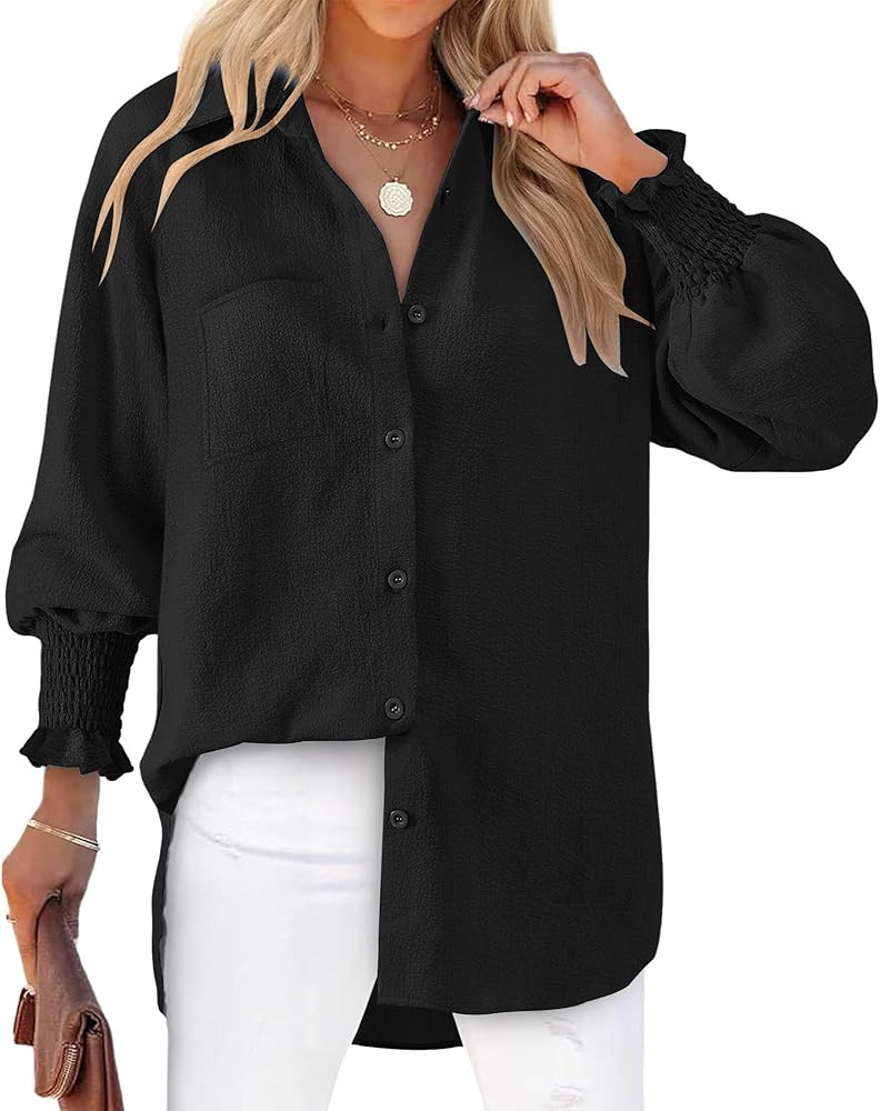 Womens Striped Button Down Shirts Smocked Puff Sleeve Boyfriend Blouse Collar Oversized Work Tops... | Amazon (US)