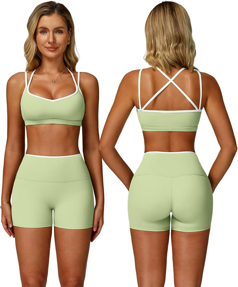 ABOCIW Workout Sets for Women 2 Piece Color Block Strappy Sports Bra High Waist Shorts Gym Yoga P... | Amazon (US)