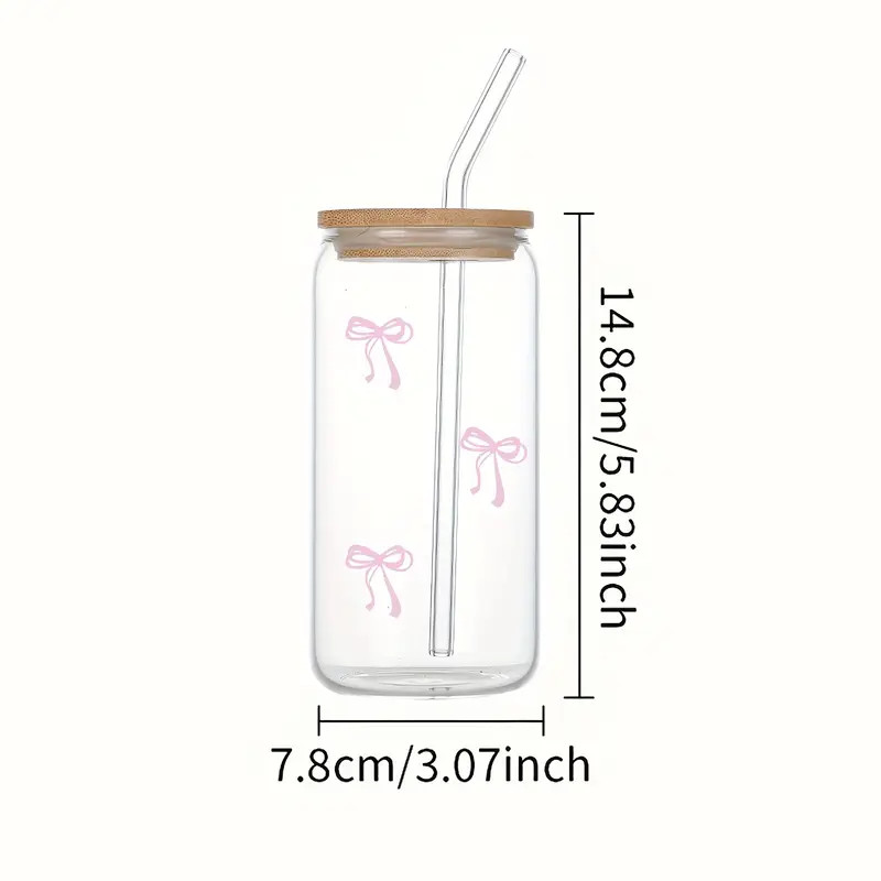 16oz Reusable Bow-Printed Glass Tumbler with Bamboo Lid & Straw - Washable Drinking Cup | Temu Affiliate Program