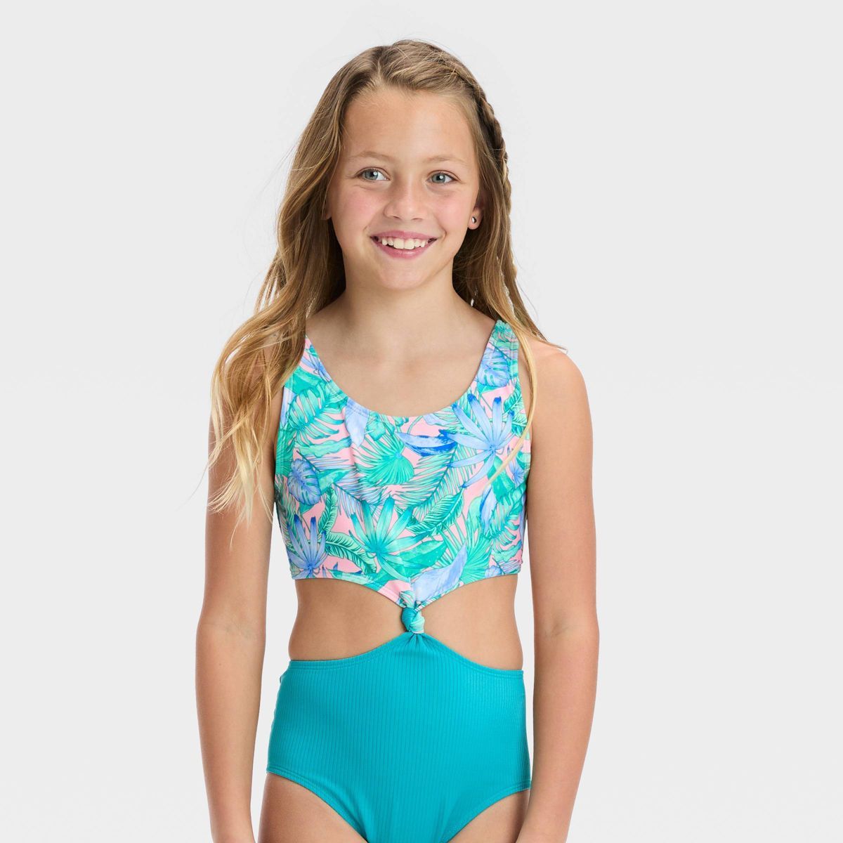 Girls' Floral Printed Tropical Twist Swimsuit - art class™ Light Blue | Target