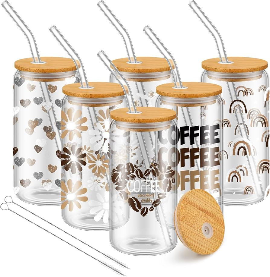 6 Set Glass Cups with Lids and Straws 15 oz Can Beer Glass Cup Iced Coffee Cups Boho Cute Glass T... | Amazon (US)