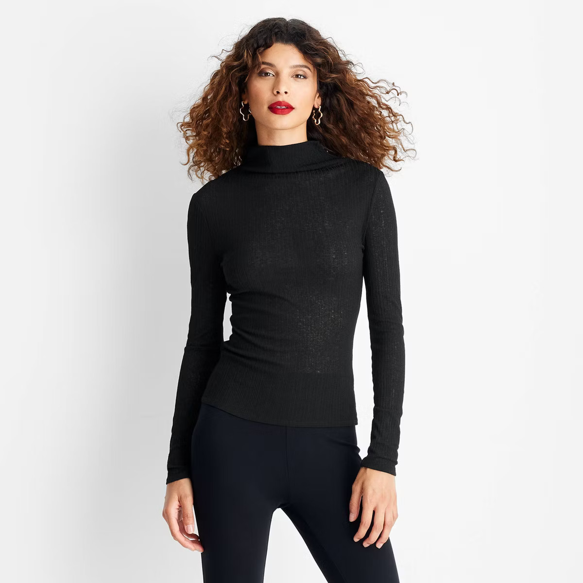 Women's Slim Fit Mock Neck Sheer Ribbed Top - Future Collective Black | Target