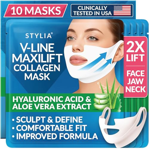 Stylia MaxiLift V-Line Lifting Collagen Face Mask - Double Chin Strap - Jawline Shaper - Neck Firming and Tightening Mask with Hyaluronic Acid & Aloe Vera - Chin Strap for Sleeping (10PC) | Amazon (US)
