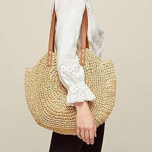 Straw Handbags Women Handwoven Round Corn Straw Bags Natural Chic Hand Large Summer Beach Tote Wo... | Amazon (US)