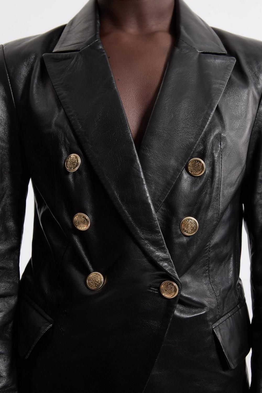 Leather Gold Button Blazer | Karen Millen US
