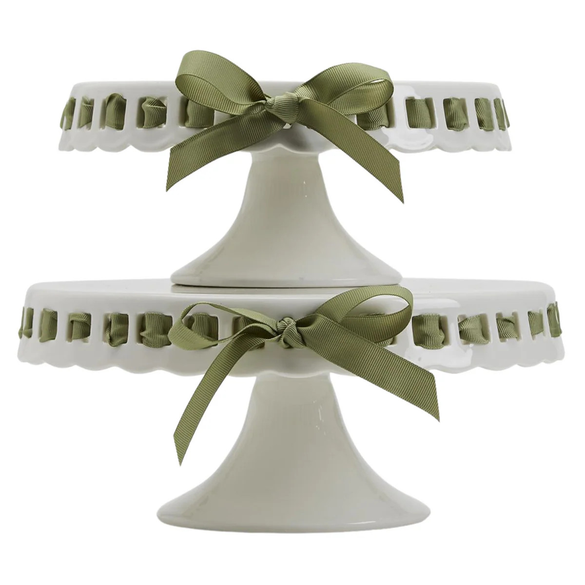 Set of 2 Vintage Scalloped Porcelain Serving Pedestals With Green Ribbon | The Well Appointed House, LLC