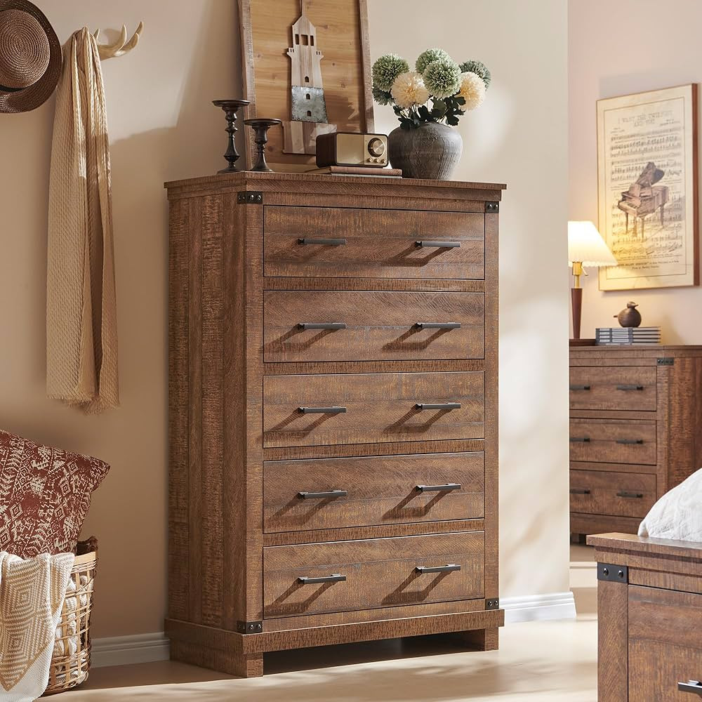 Farmhouse 5 Drawers Dresser for Bedroom, Tall Chest of Drawers with Thick Plank Styling, Wood Rus... | Amazon (US)