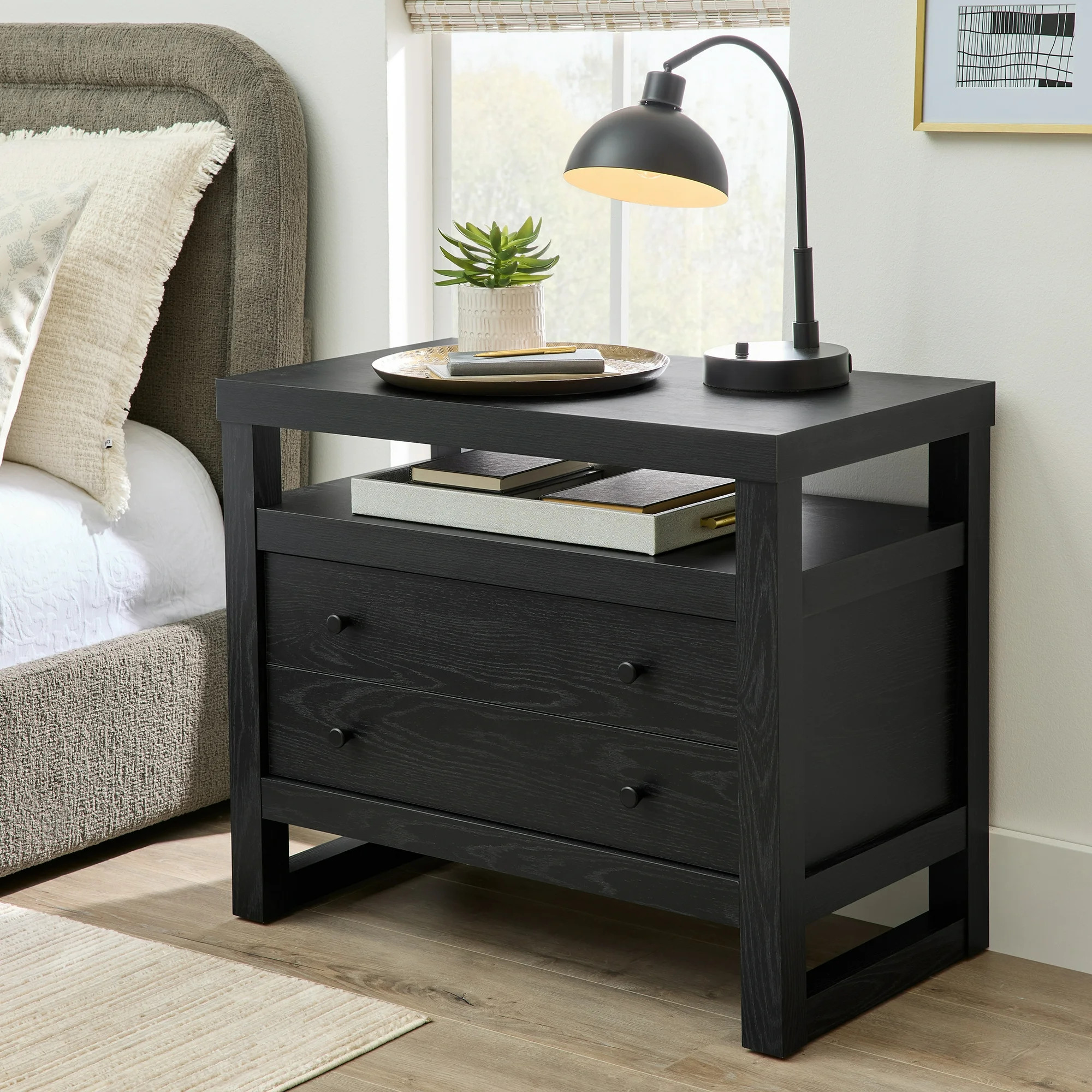 Better Homes & Gardens Ezra 2-Drawer Nightstand, Rich Black Finish | Walmart (US)