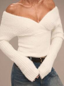 SHEIN BAE Women's Solid Color Minimalist Off-Shoulder Long Sleeve Sweater, Everyday Wear,Winter,W... | SHEIN