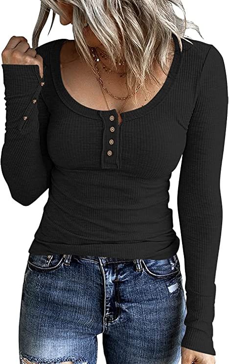 WAYMAKER Women's Henley Shirts Long Sleeve Button Down Tunic Tops Scoop Neck Ribbed Knit Slim Fit... | Amazon (US)