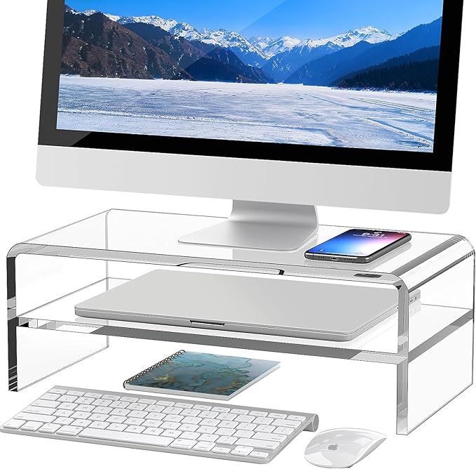 Egchi Clear Acrylic Monitor Stand Riser 2 Tier, 5.5 Inches High Clear Computer Desk Organizer She... | Amazon (US)
