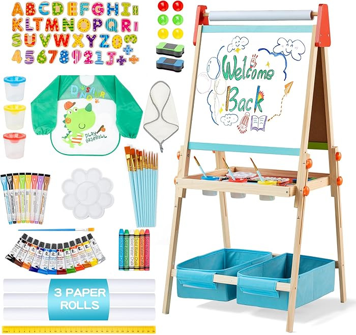 3 in 1 Adjustable Kids Art Drawing Easel Set-Sided Magnetic Whiteboard & Chalkboard with Painting... | Amazon (US)