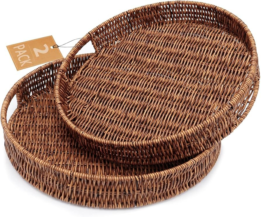 SEDISON Set of 2 Rattan Tray Round Rattan Basket with Handles for Home, Kitchen, Bathroom, Coffee... | Amazon (US)