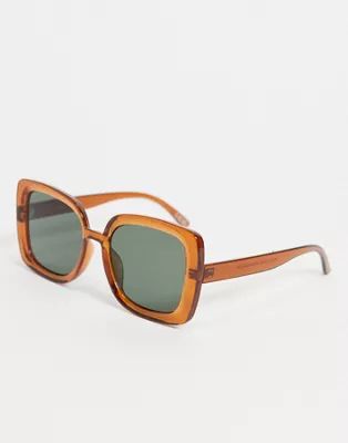 ASOS DESIGN 70's oversized bevelled square sunglasses in crystal brown | ASOS (Global)