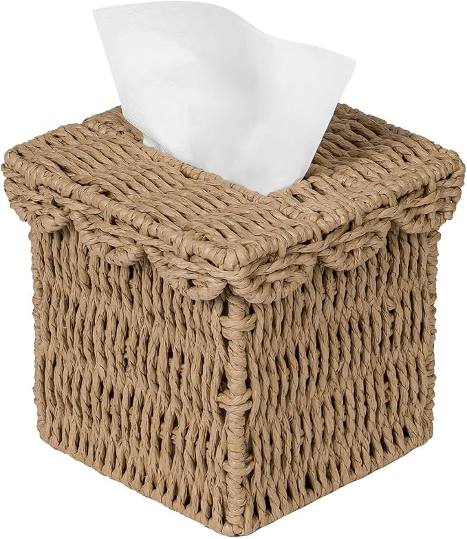 CubesLand Square Wicker Tissue Box Cover W/Scalloped Lid for Home Decor | Amazon (US)
