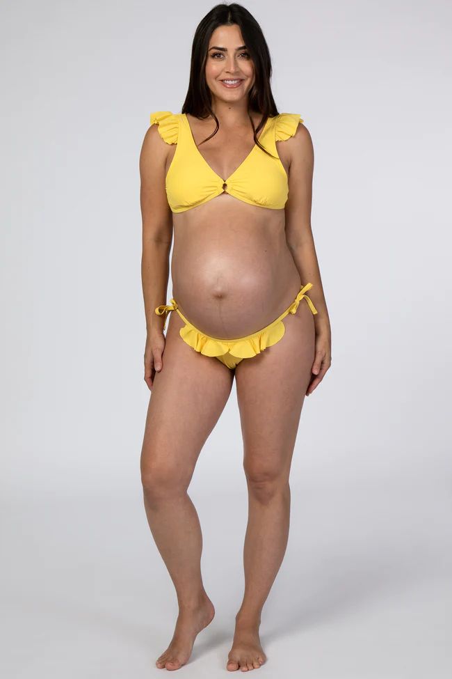 Yellow Ribbed Ruffle Trim Bikini Maternity Set | PinkBlush Maternity