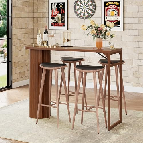 55" Long Bar Table, Fluted Wood Counter Height Pub Table, High Top Kitchen Breakfast Bar Tables with Sturdy Metal Frame, Modern Bar Height Dining Table for Bistro, Dining Room, Living Room | Amazon (US)
