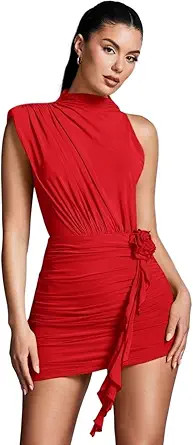 TOOSIS Women's Sexy Fashion Bodycon Dresses Sleeveless Stand Collar Ruffle Trim Pleated Dress | Amazon (US)