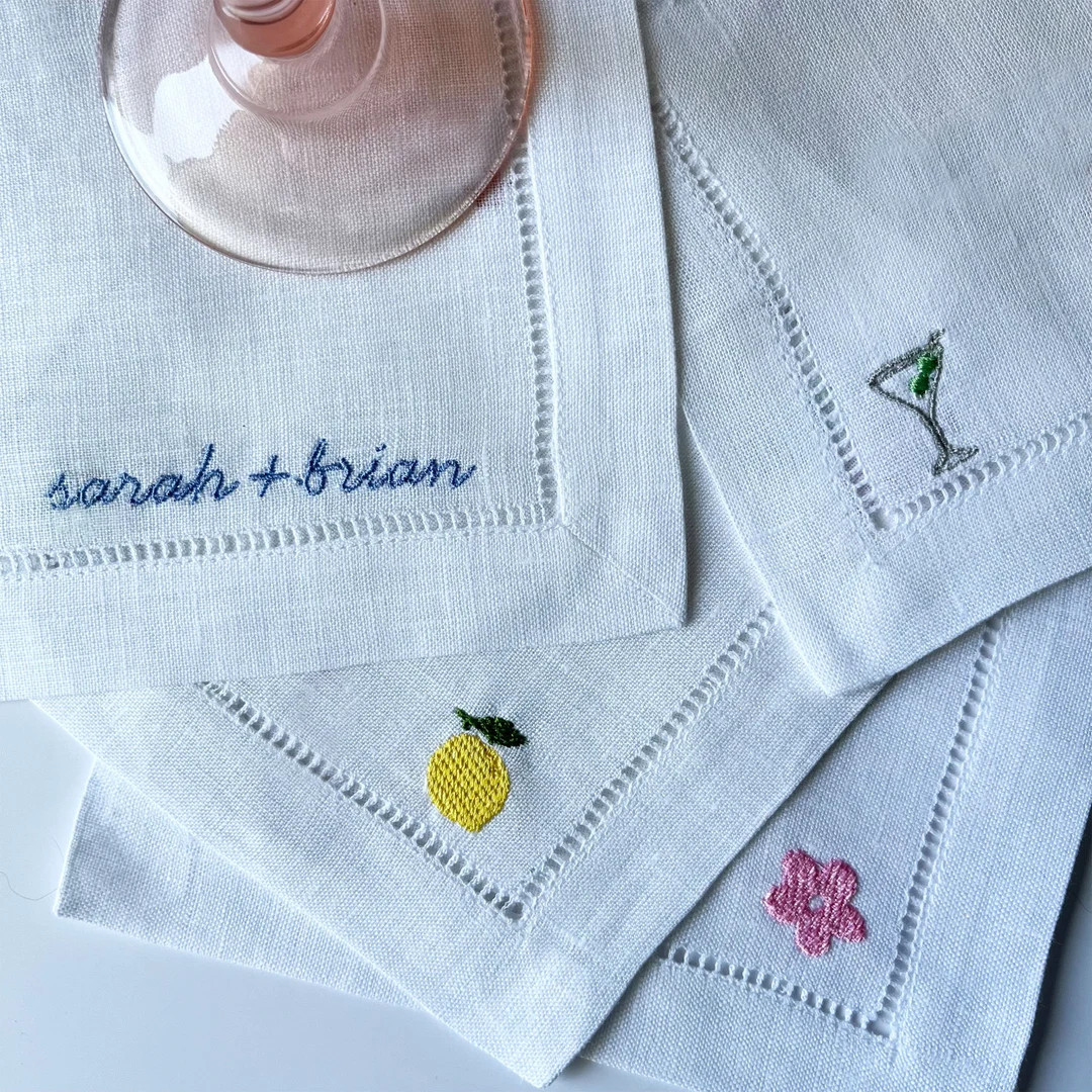 Personalize Embroidered Linen Cocktail Napkin With Custom Names and Cute Icons - Etsy | Etsy (US)