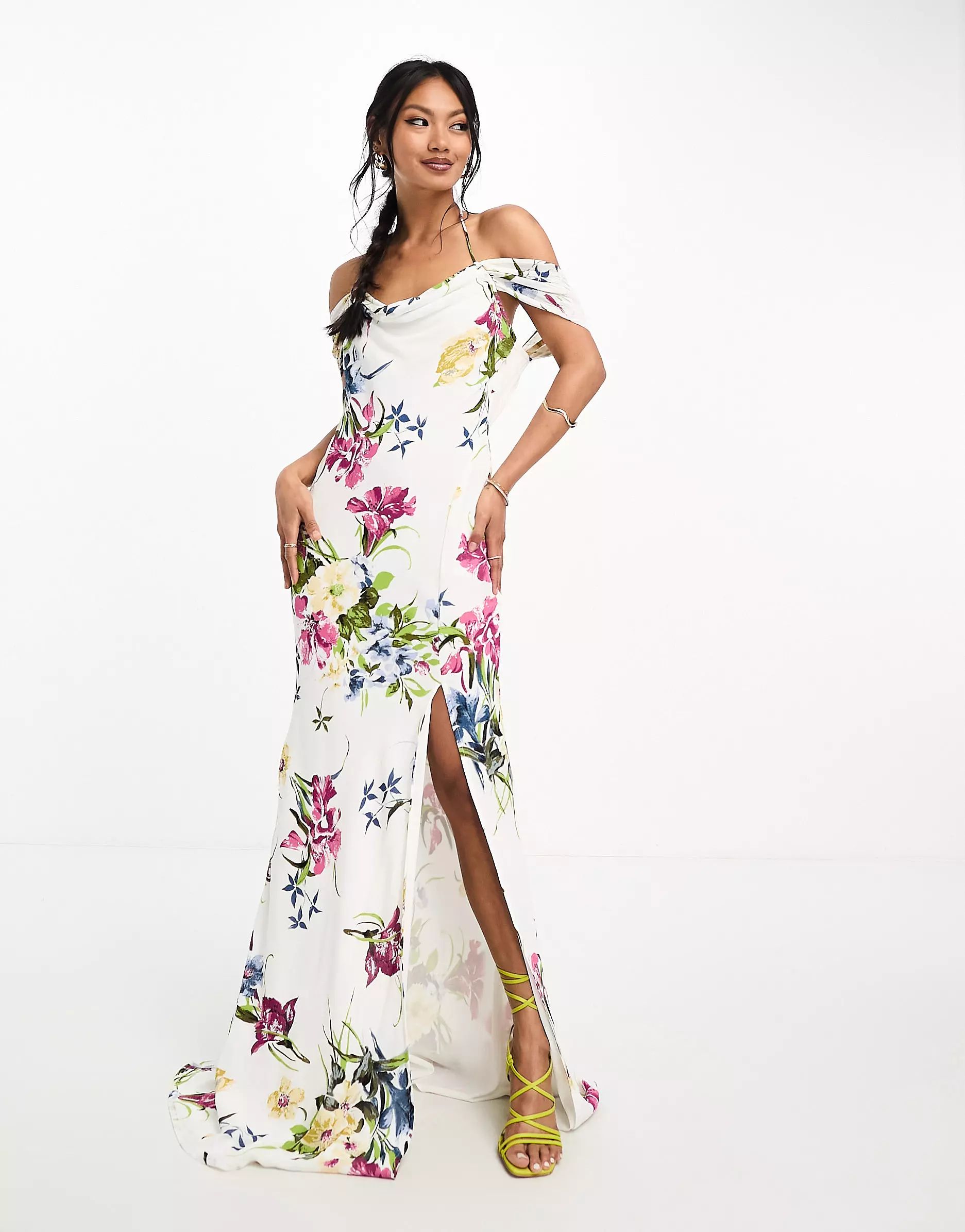 ASOS DESIGN cap sleeve strappy open back bias maxi dress in white based floral print | ASOS (Global)