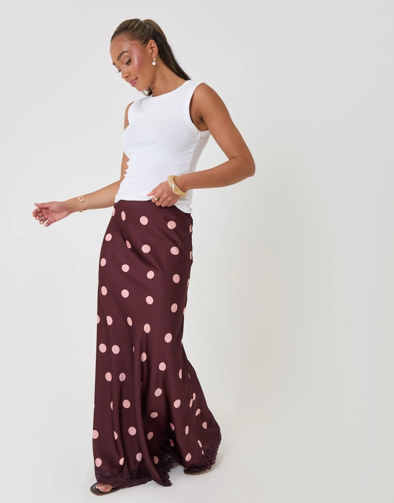 Satin Lace Trim Maxi Skirt in Burgundy Polka Dot | Threadbare UK