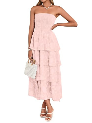 Simplee Womens Pink Wedding Guest Maxi Dress 2026 Strapless Boho Floral Spaghetti Strap High Waist Party Sexy Long Formal Layered Flowy Dress(Pink S) | Amazon (US)
