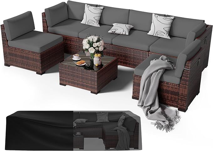 Patio Furniture Set,Outdoor Modular Conversation Set Wicker Sectional Sofa for All Weather Rattan... | Amazon (US)
